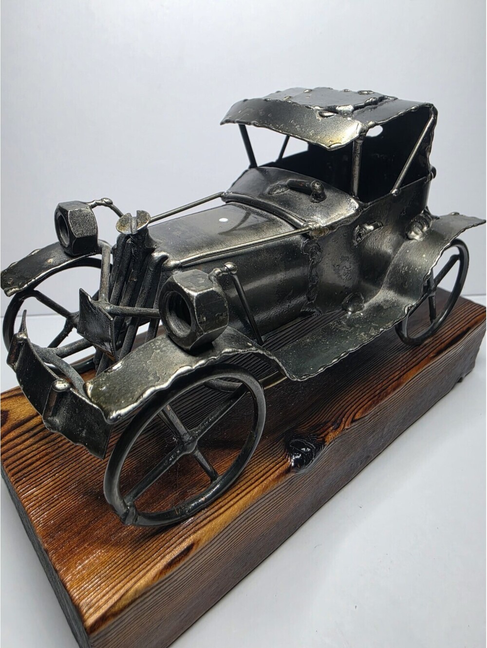 Vintage Scrap Metal Art Antique Model T Car Figurine Wood Base